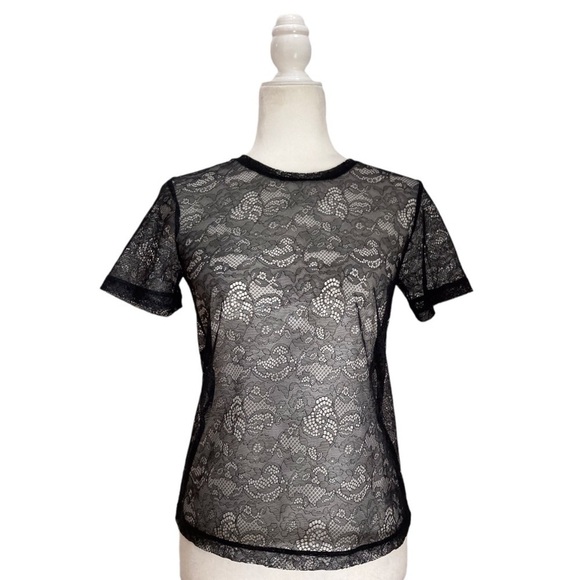 Maje Black Lace Pattern Sheer Crew Neck Top - Picture 1 of 6